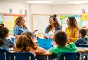 New teachers interacting with students in a classroom