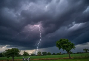 Dark storm clouds over a rural landscape indicating severe weather