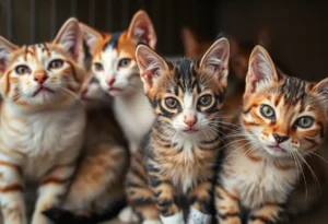A group of rescued cats receiving care in a shelter