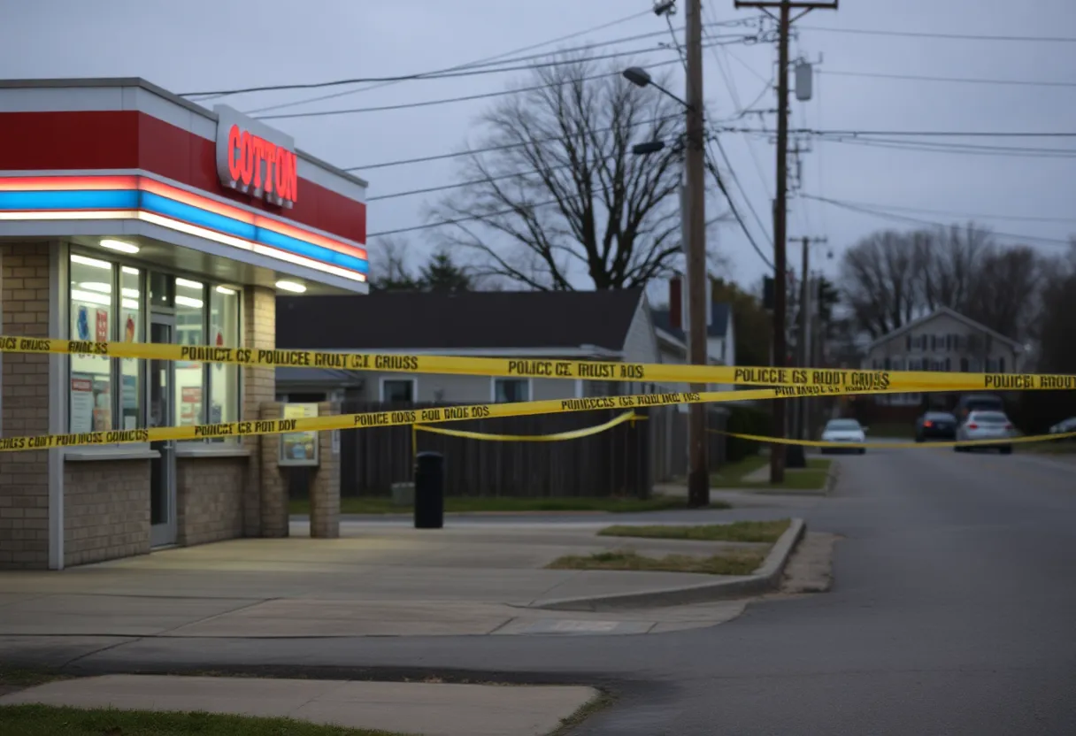 Police investigating a shooting scene in front of a convenience store.