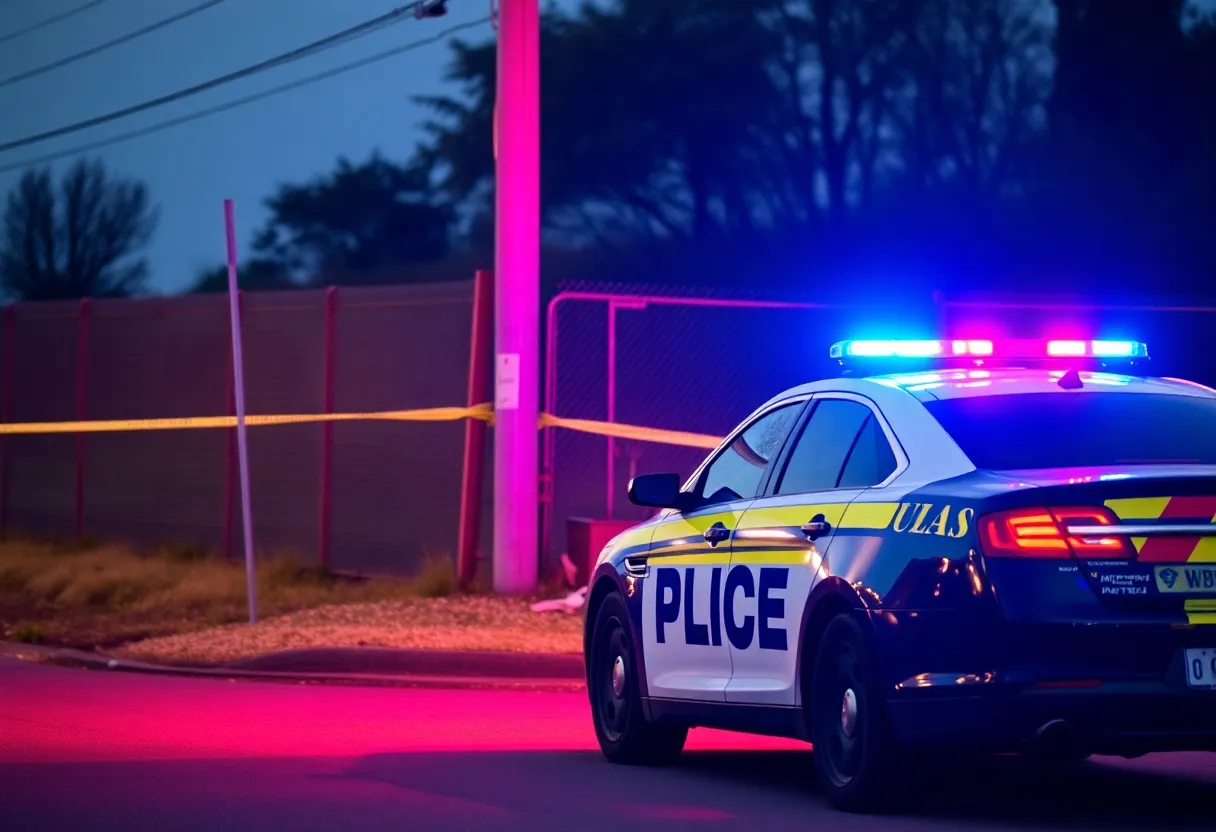Crash scene involving a police car and damaged telephone pole