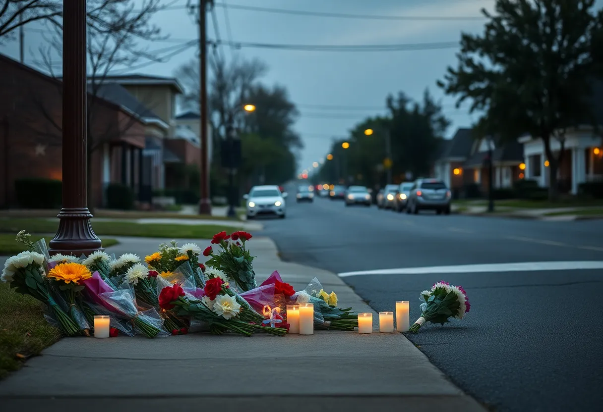 Memorial flowers and candles on a street in Rock Hill