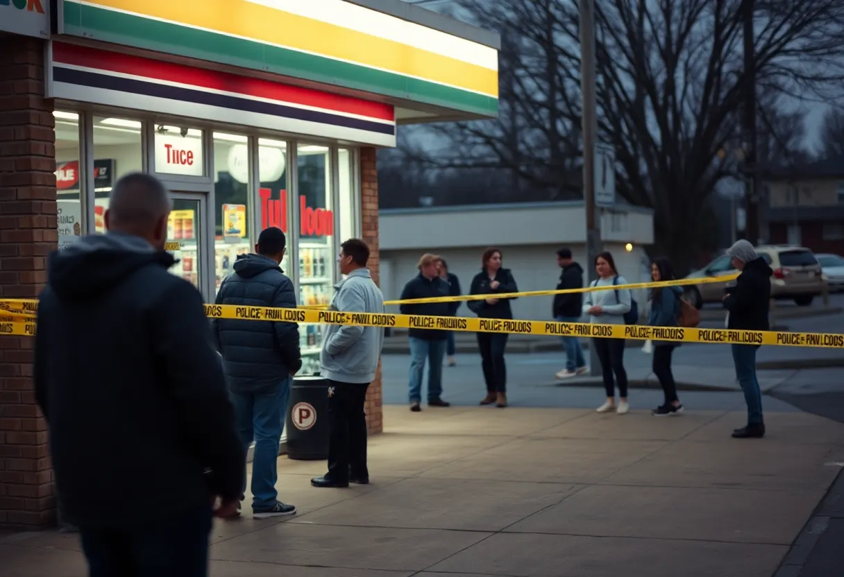 Scene of a convenience store with police presence following a shooting incident