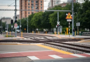 Railway crossing in Rock Hill, South Carolina, with warning signs