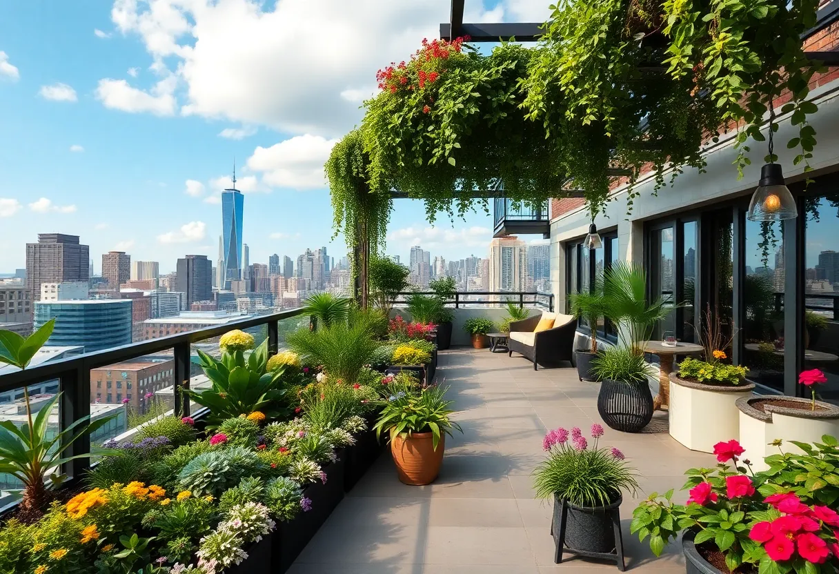 Lush rooftop garden with diverse plants and city skyline