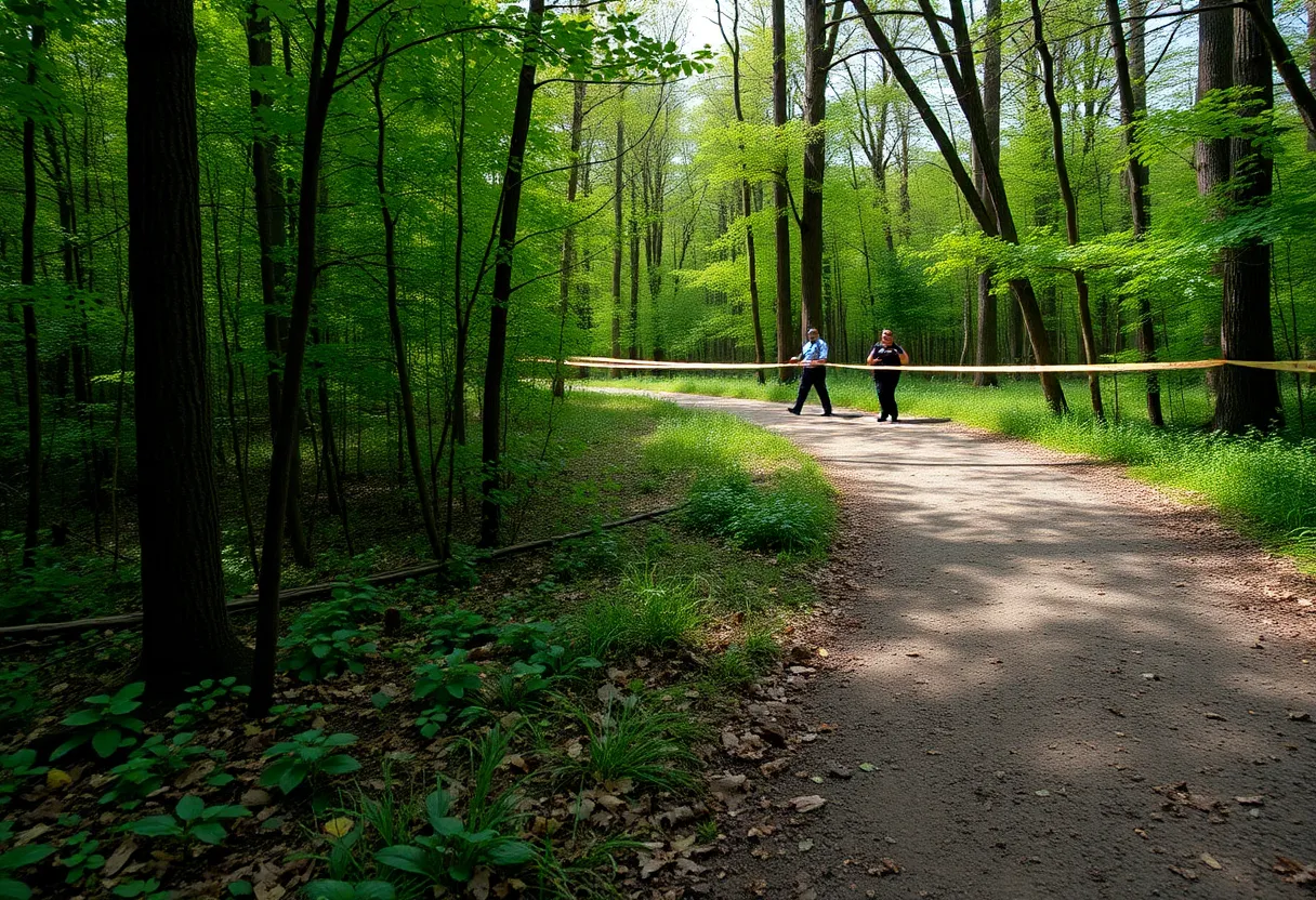 Police searching a hiking trail in a park.
