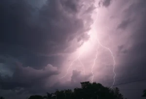 Dark storm clouds with lightning during severe weather