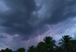 Dark storm clouds over a field with lightning