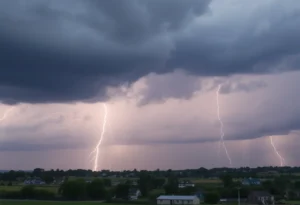 Dramatic thunderstorm clouds with flashes of lightning