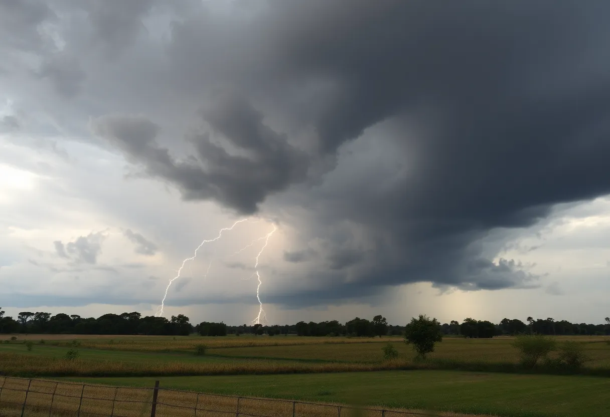 Dark storm clouds with lightning, indicating a severe thunderstorm