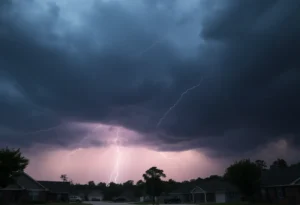 Dark storm clouds over Barnwell County with lightning