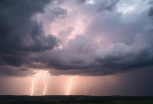 Storm clouds with lightning over a landscape