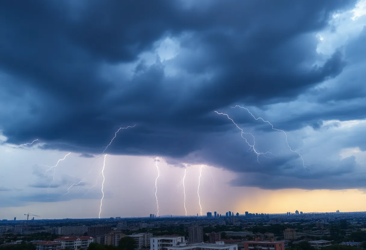 Dark storm clouds gathering over Greenville with lightning