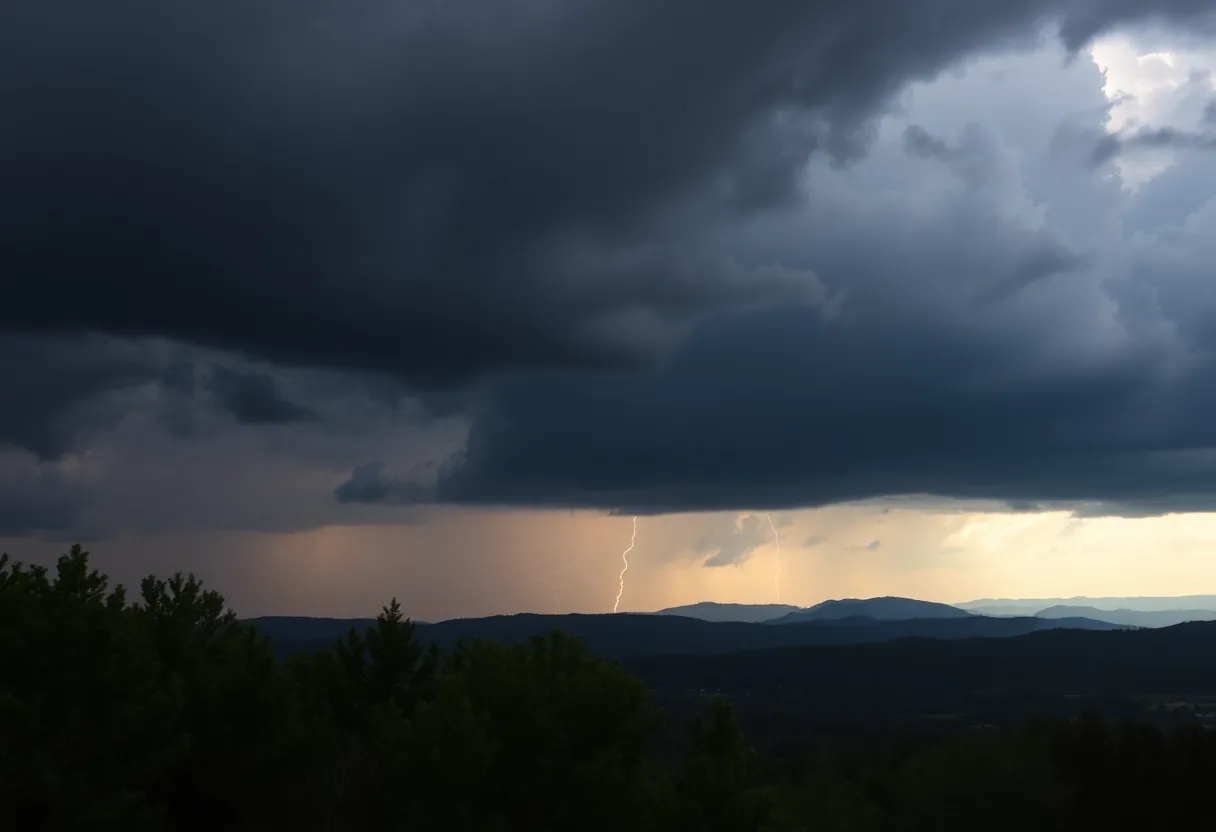 Dark storm clouds gather over the Oconee Mountains with lightning flashes.