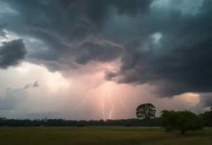Dramatic clouds and lightning during a severe thunderstorm in South Carolina.