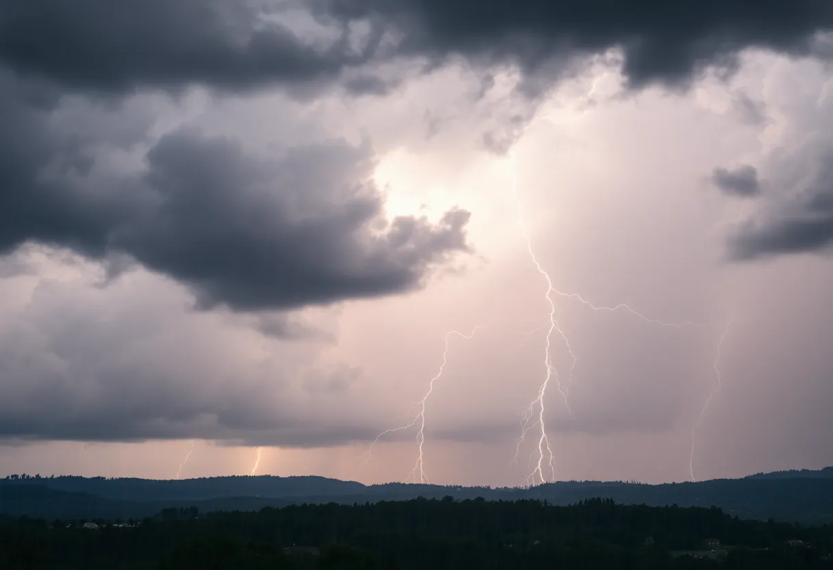 Severe thunderstorms approaching Chester County with dark clouds and rain