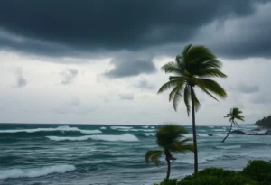 Storm clouds and rough waves over Charleston coastline