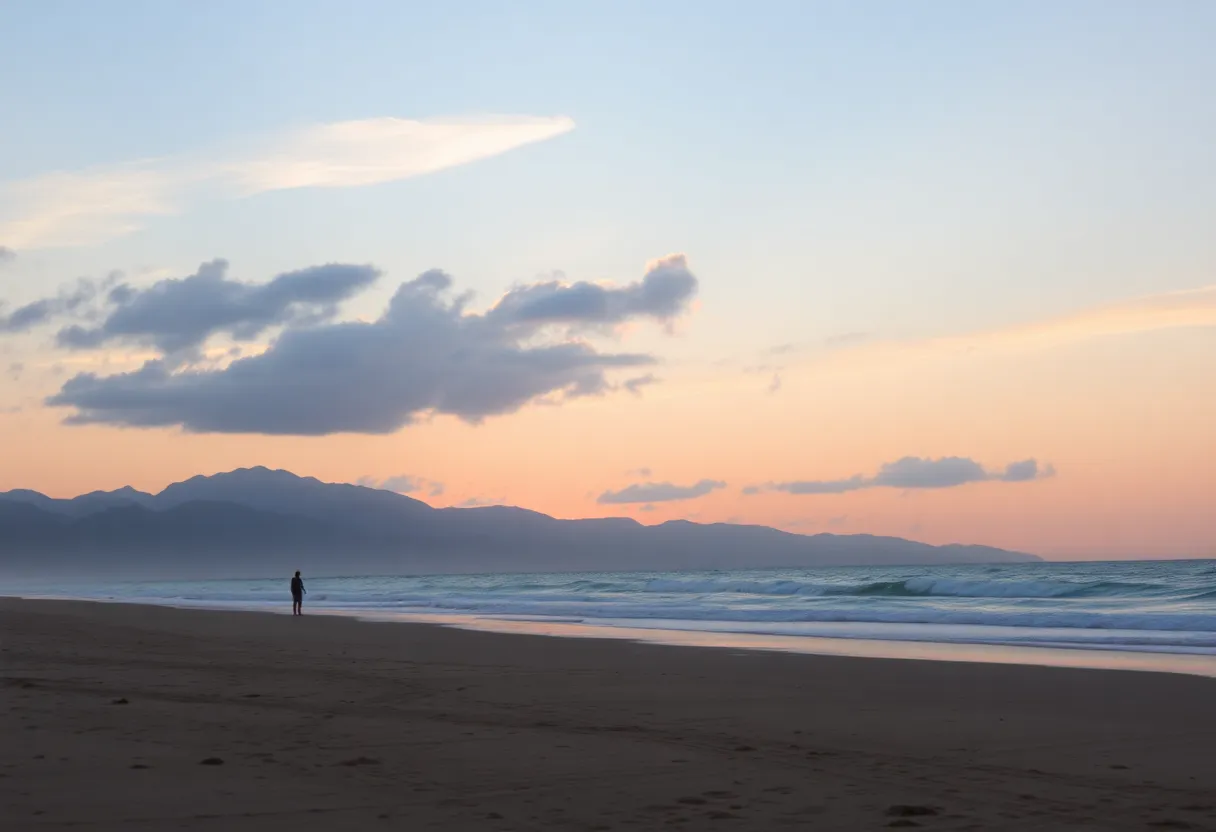Serene landscape featuring a beach and mountains at sunset