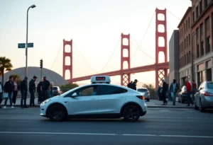 Futuristic Tesla robotaxi on San Francisco streets with Golden Gate Bridge
