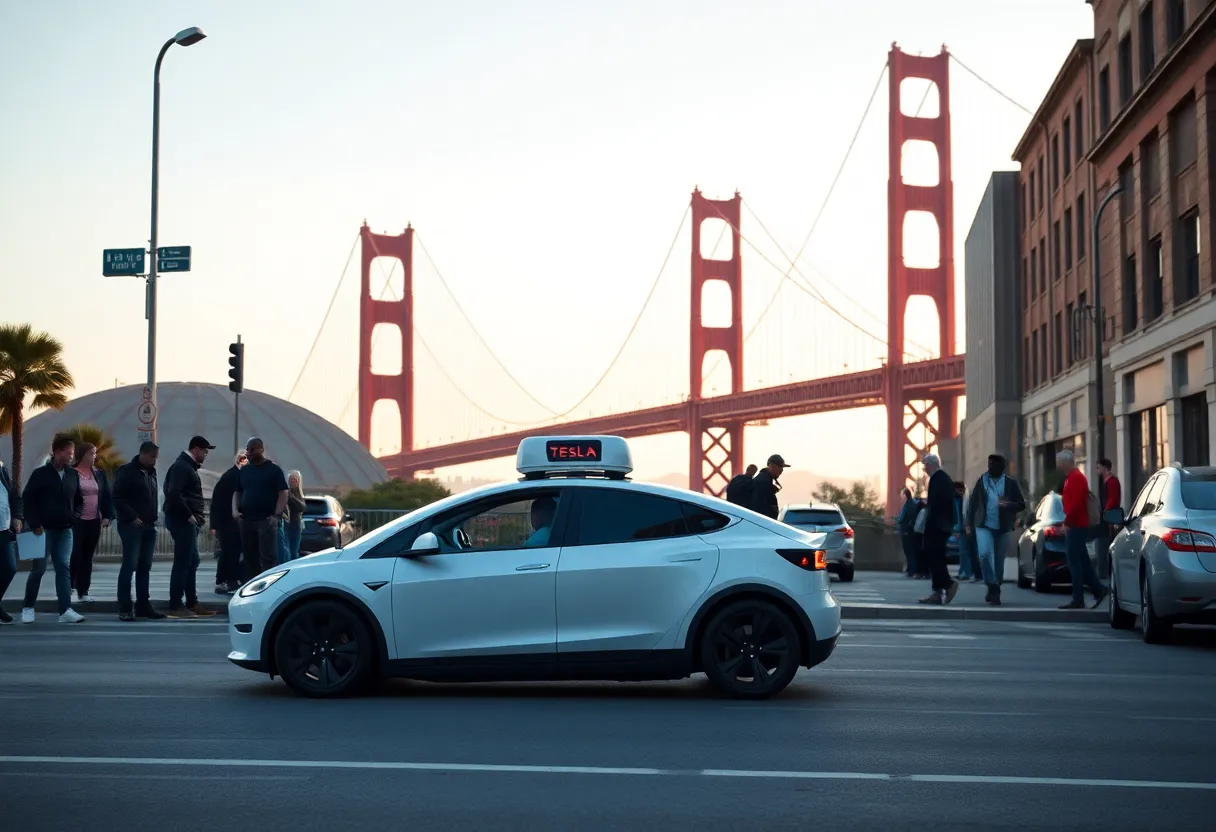 Futuristic Tesla robotaxi on San Francisco streets with Golden Gate Bridge