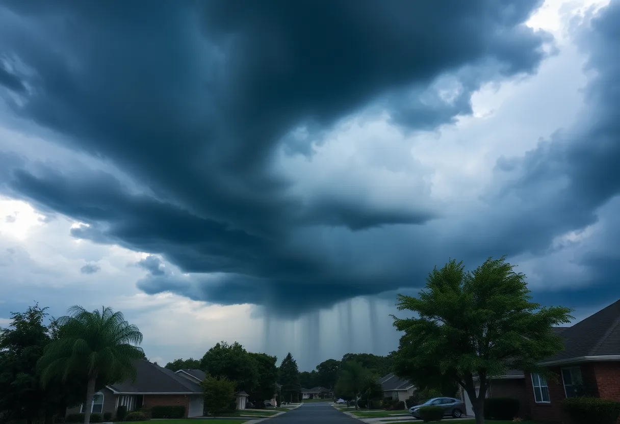 Dark clouds and strong winds over a neighborhood