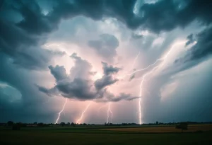 Severe thunderstorm clouds with lightning over a field