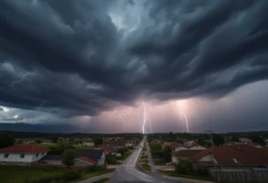 A thunderstorm producing heavy rain and lightning over a town in York County.