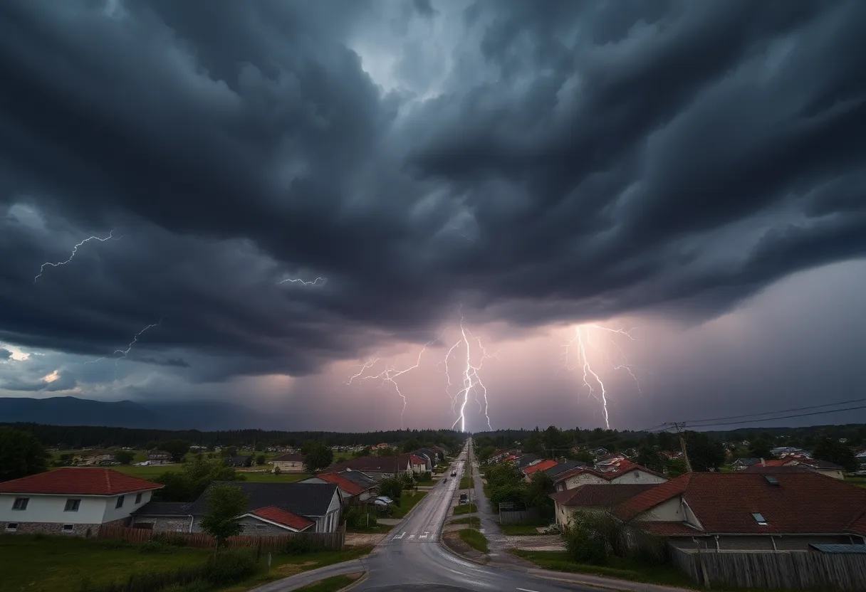 A thunderstorm producing heavy rain and lightning over a town in York County.