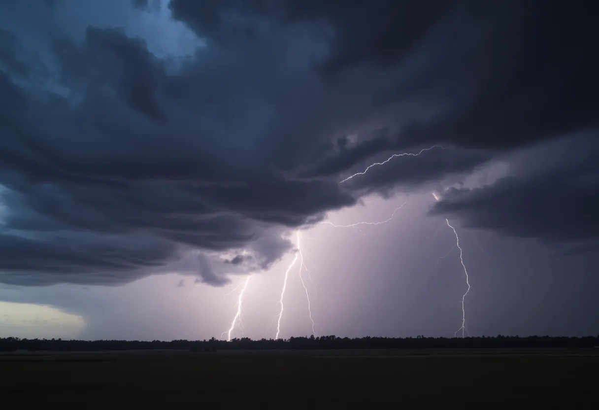 Dark storm clouds and lightning over South Carolina field