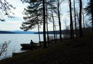 A sad representation of a family vacation at a lake