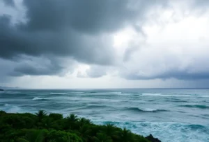 Coastal view with stormy skies and rough seas due to Tropical Storm Chantal