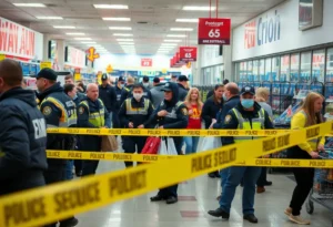 Police and emergency responders at a Walmart after a stabbing incident