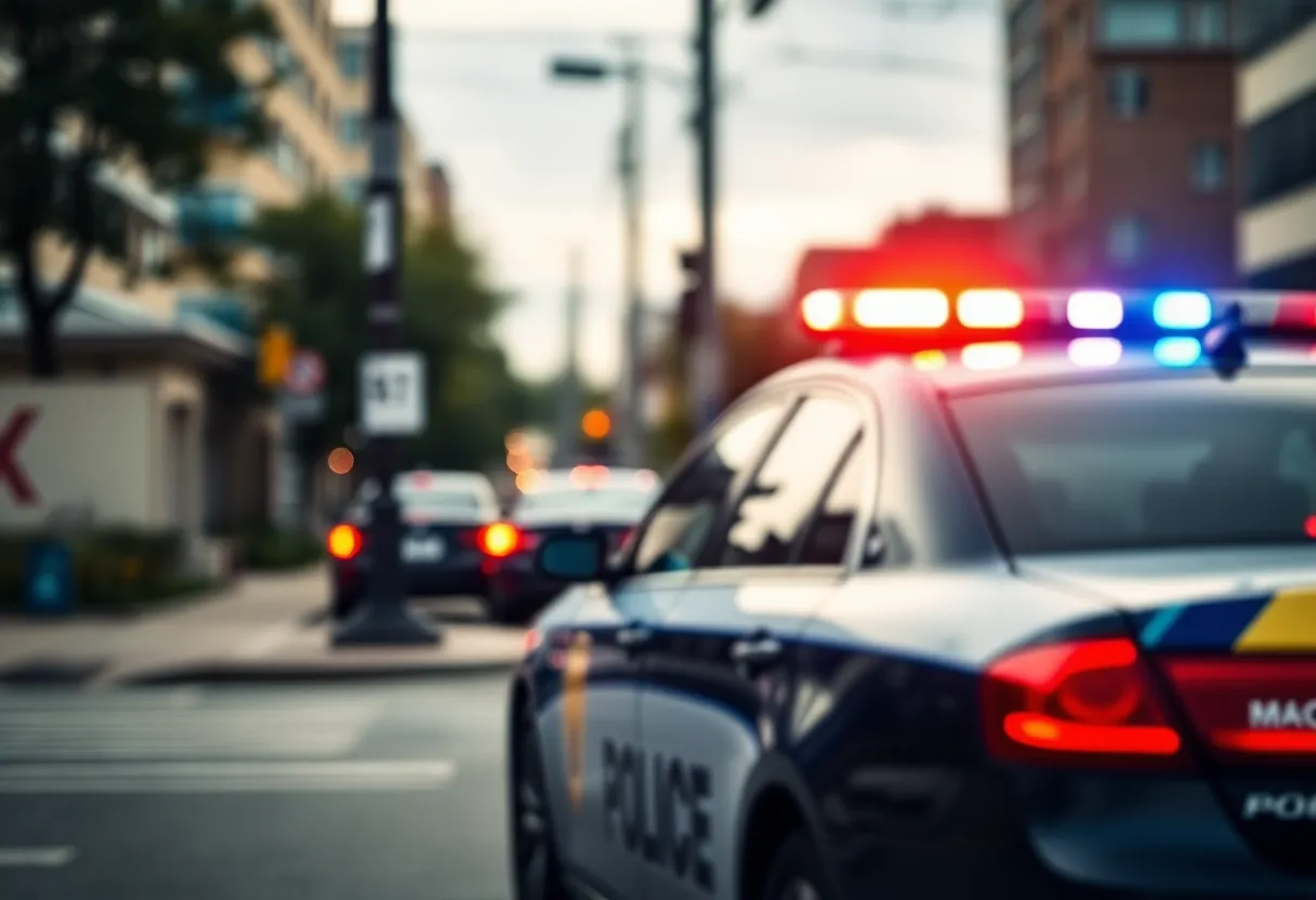 Police car with flashing lights near a telephone pole