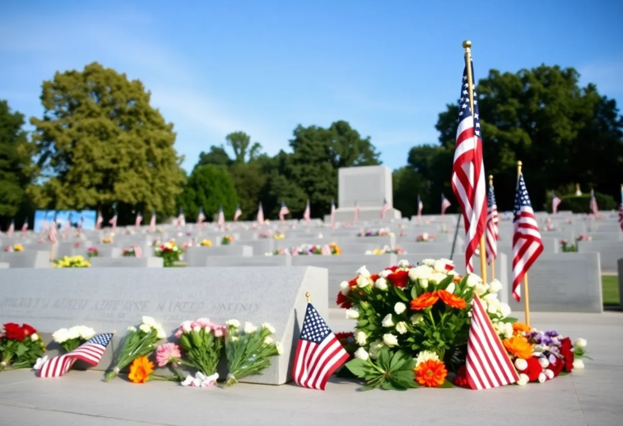 Memorial site honoring Vietnam War soldiers with flags and flowers