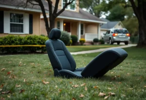Car seat abandoned in a front yard, symbolizing a tragic event.