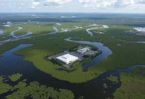 Aerial view of Alligator Alcatraz detention facility in the Everglades