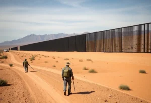 Black-painted U.S.-Mexico border wall with military presence.
