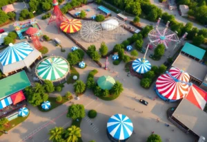 Aerial view of Carowinds amusement park with rides and visitors