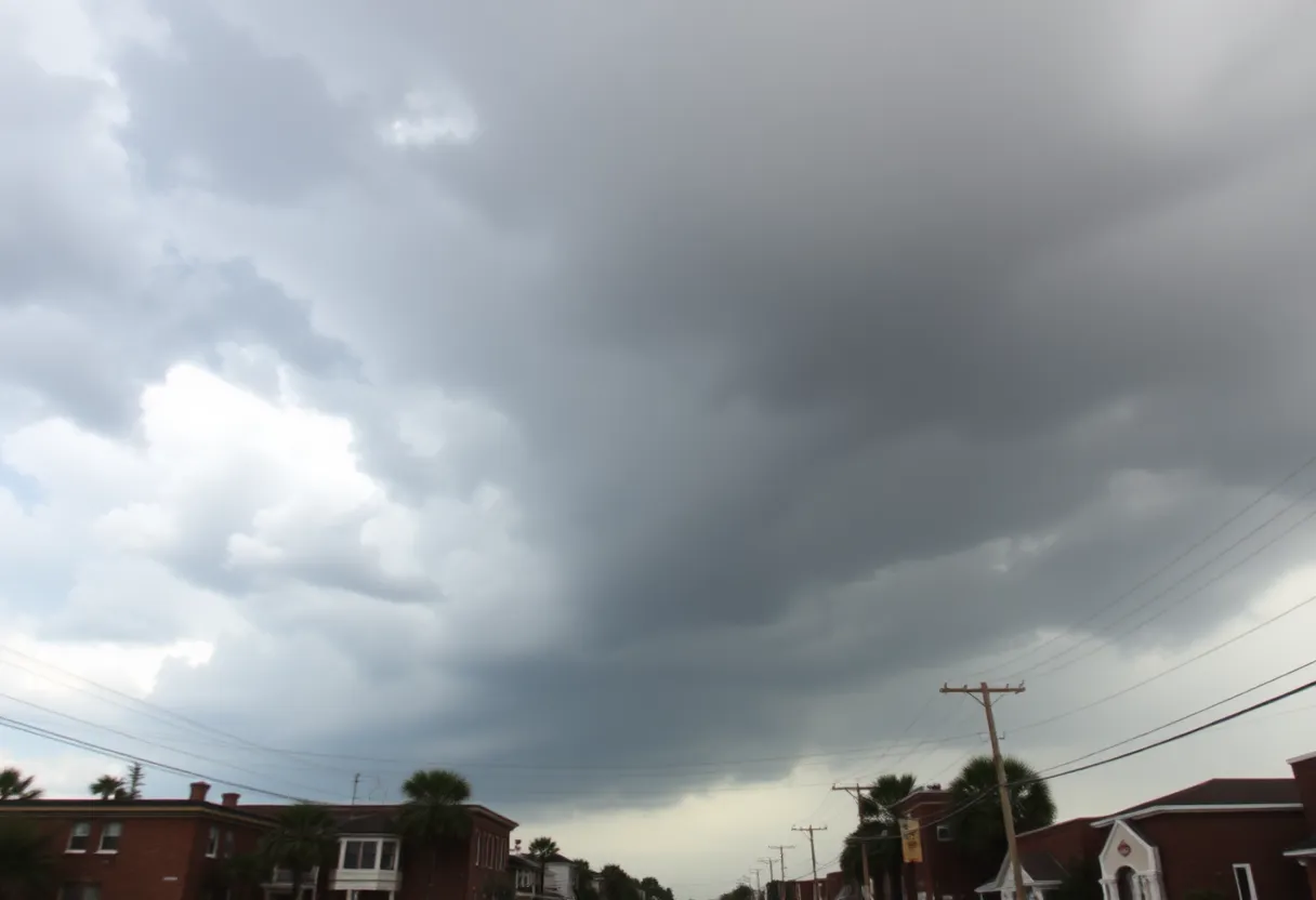Storm clouds and heavy rainfall over Charleston streets