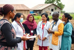 Healthcare workers discussing colorectal cancer screening in a rural community.