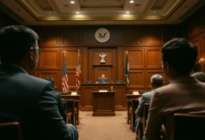 A courtroom scene illustrating the justice system