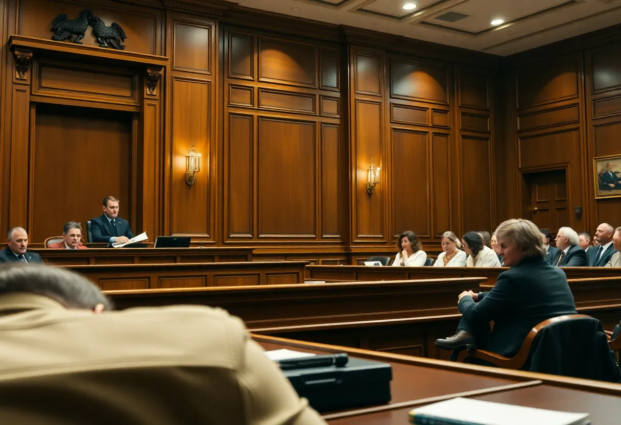Courtroom scene during the murder trial of Evan Hawthorne for the death of retired police officer.