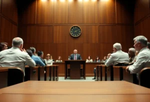 A courtroom with jurors and legal representatives during a trial.