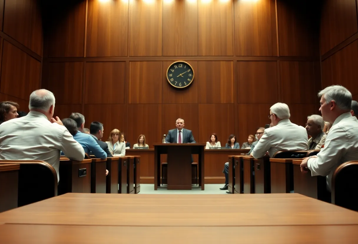 A courtroom with jurors and legal representatives during a trial.