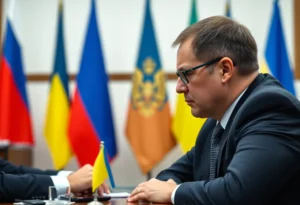 Diplomatic scene showing Russia and Ukraine flags representing ongoing peace talks