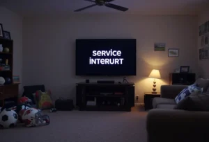 Empty living room with a TV showing a service interrupt message
