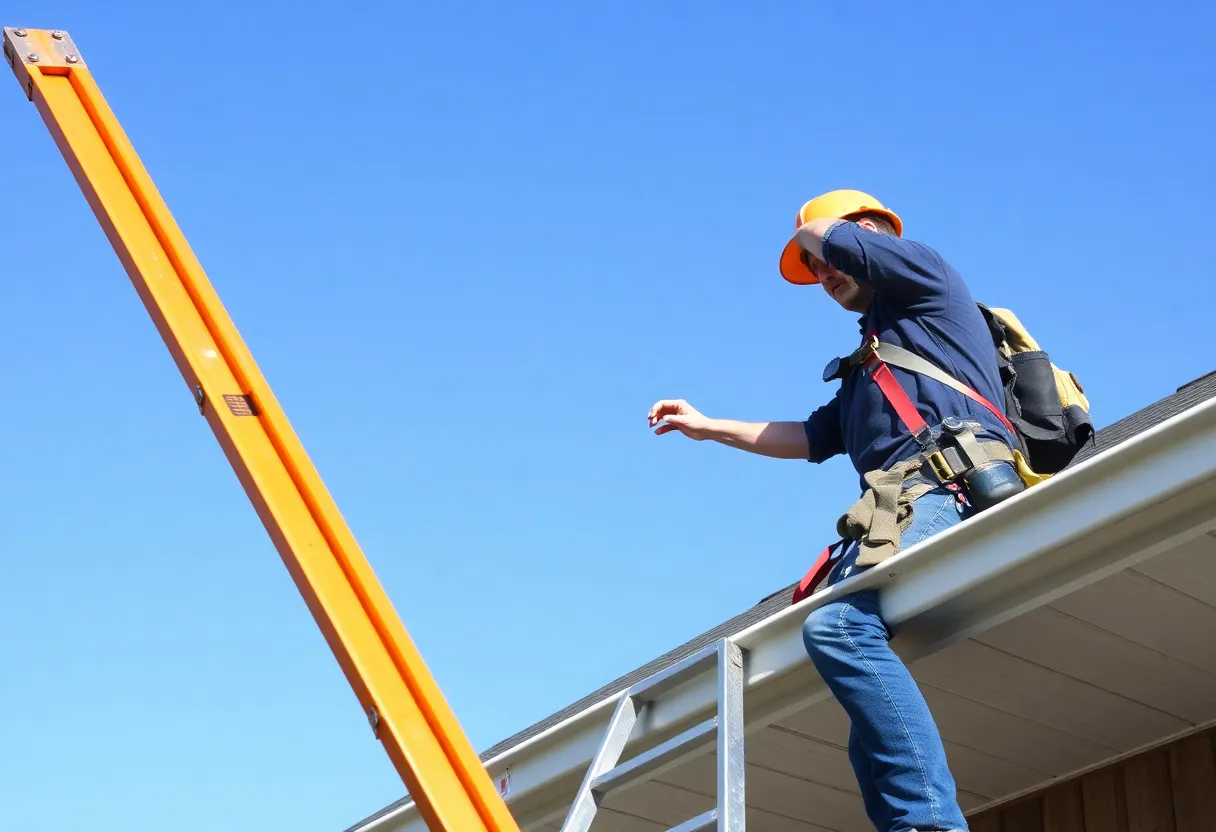A person repairing a roof safely using a ladder and safety gear.