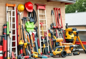 Array of essential tools for DIY roofing, including safety gear and hand tools.