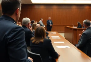 Courtroom scene during Evan Hawthorne's trial for murder