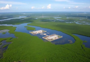 Aerial view of the Everglades Detention Center surrounded by wetlands